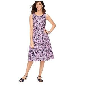 Talbots Poplin Fit & Flare Medallion Print Dress Button Up Belted Sleeveless 16